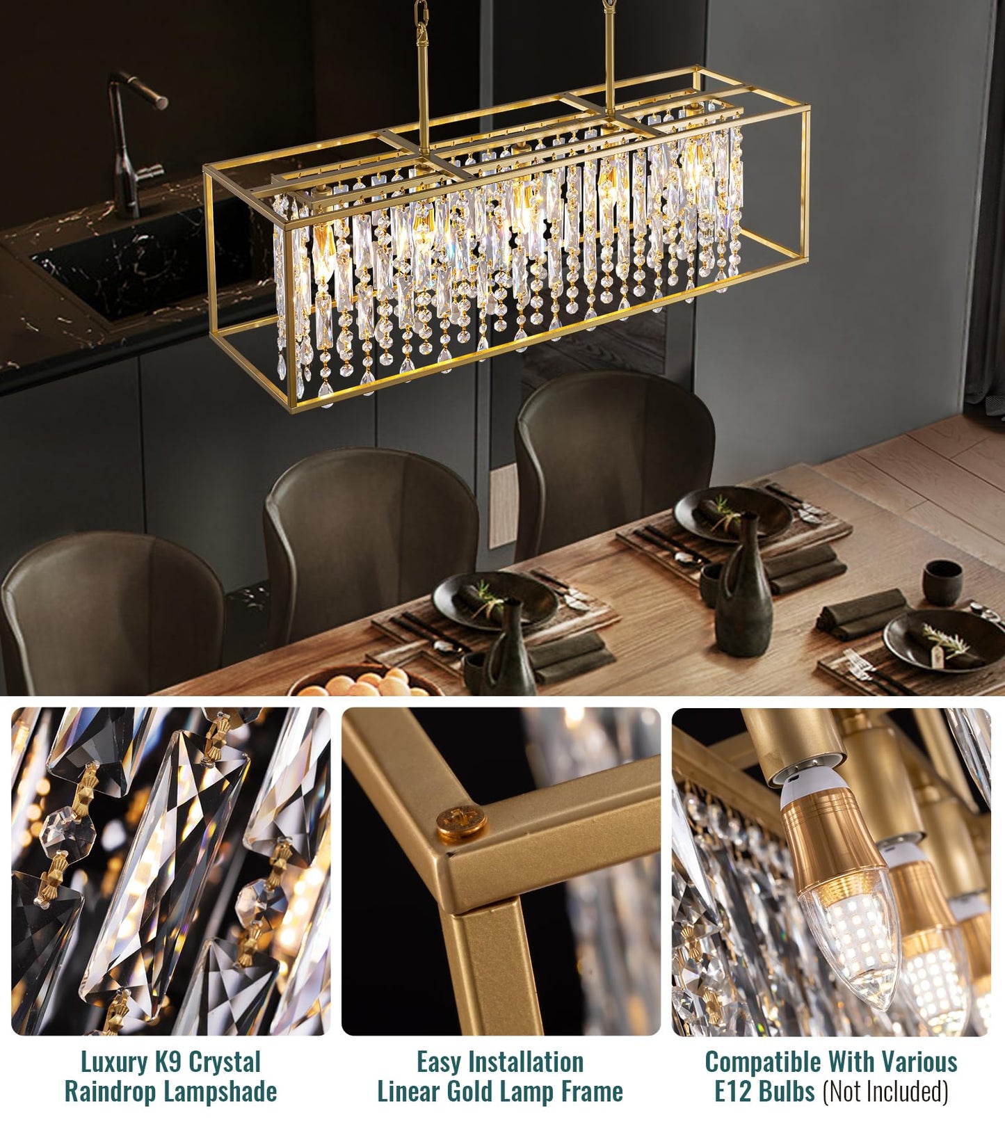 Siljoy Rectangular Gold Crystal Chandelier for Dining Room, 5-Light Modern K9 Crystal Raindrop Chandelier Luxury Crystal Pendant Ceiling Light for Living Room Kitchen Island L35.4'' x W11'' x H12''