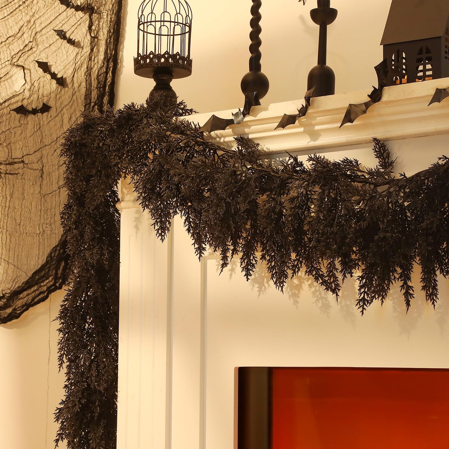 Dingion Black Artificial Cedar Garland - 9 ft Halloween Faux Cedar Pine Hanging Party Decoration Halloween Realistic Garland for Home, Mantle & Fireplace