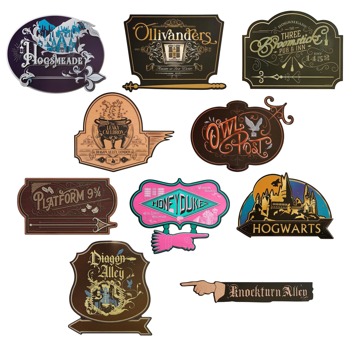 Conquest Journals Harry Potter Wizarding World Directional Sign Set, Officially Licensed, 12 Pieces, 10 6'' x 9'' Location Signs & 2 48'' Posts, Cardstock, Party Decorations or Home Decor