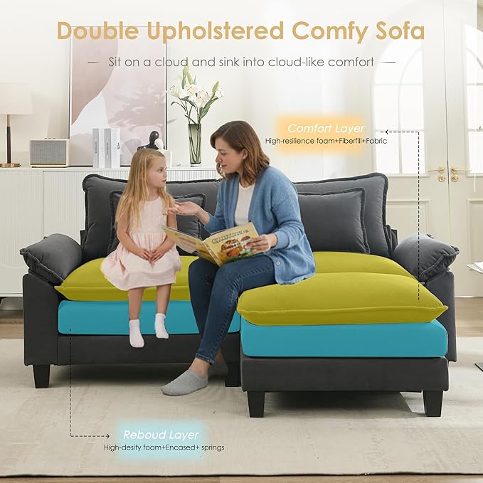 URRED Cloud Couch Modular Sectional Sofa, 87" Modern L Shaped Deep Seat Sofa with Ottoman & Pillows, Ultra Comfy Velvet Couches for Living Room, Bedroom or Apartment, Dark Gray