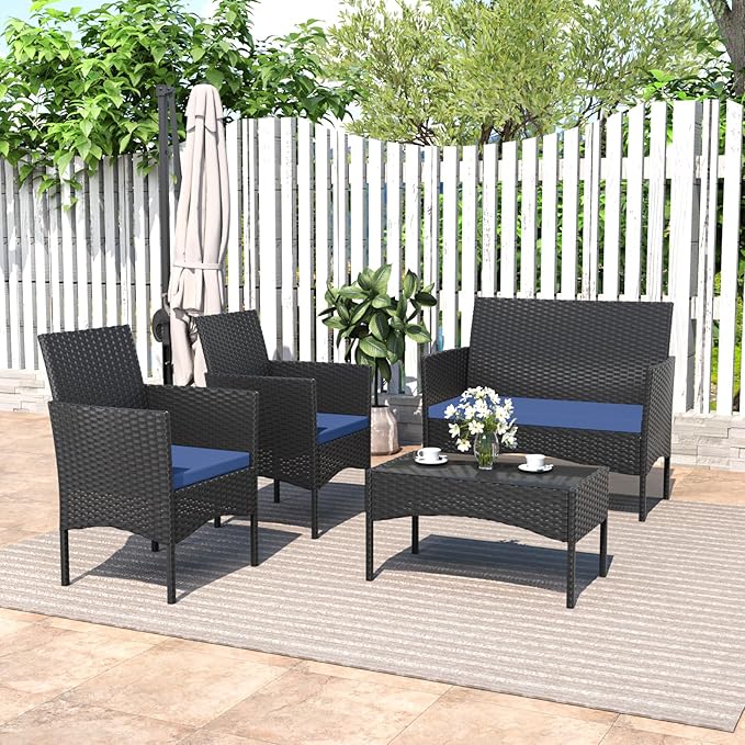 ASJMR 4 Piece Patio Rattan Conversation Set, Outdoor Rattan Chair Wicker Furniture Set, Couple Seats and Tempered Glass Table,Comfort Seat for Patio, Pool or Backyard