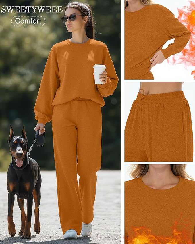 Sweetyweee Women's 2 Piece Outfits Set Fleece Lined Lounge Sweatsuit Crewneck Pullover Top Wide Leg Pants Casual Tracksuit
