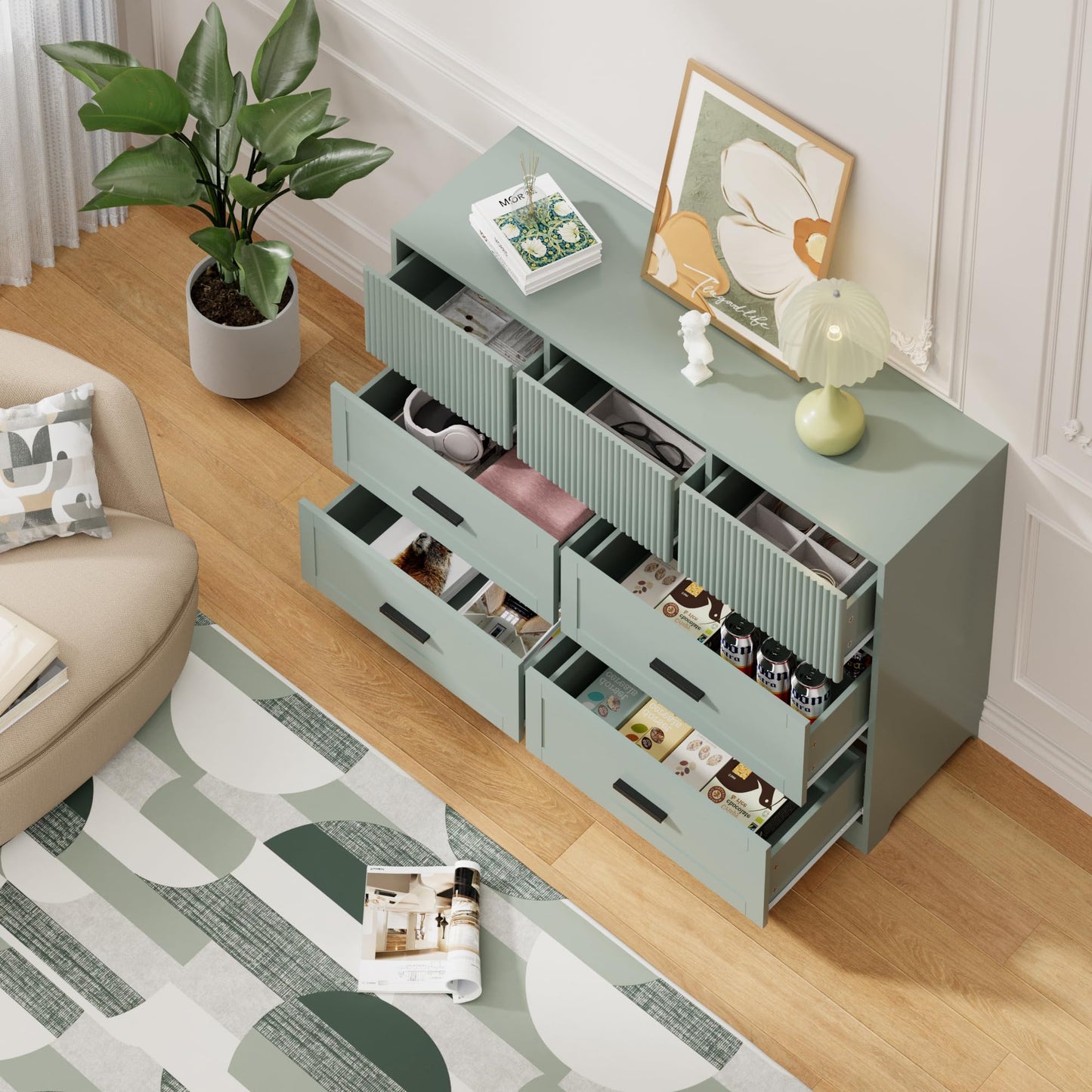UEV Fluted Dresser for Bedroom with 7 Drawers, 47" Modern Chest of Drawers with Metal Handle, Wood TV Stand, Closet Storage Organizer for Living Room, Hallway, Green