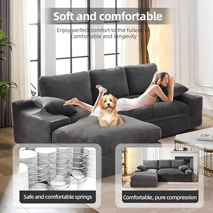 98.4" Cloud Modular Sectional Couch with Chaise,L-Shaped Modern Upholstered Sofa with Deep Seat,Corduroy Sectional Couches for Living Room and Bedroom,No Assembly Required(Grey)