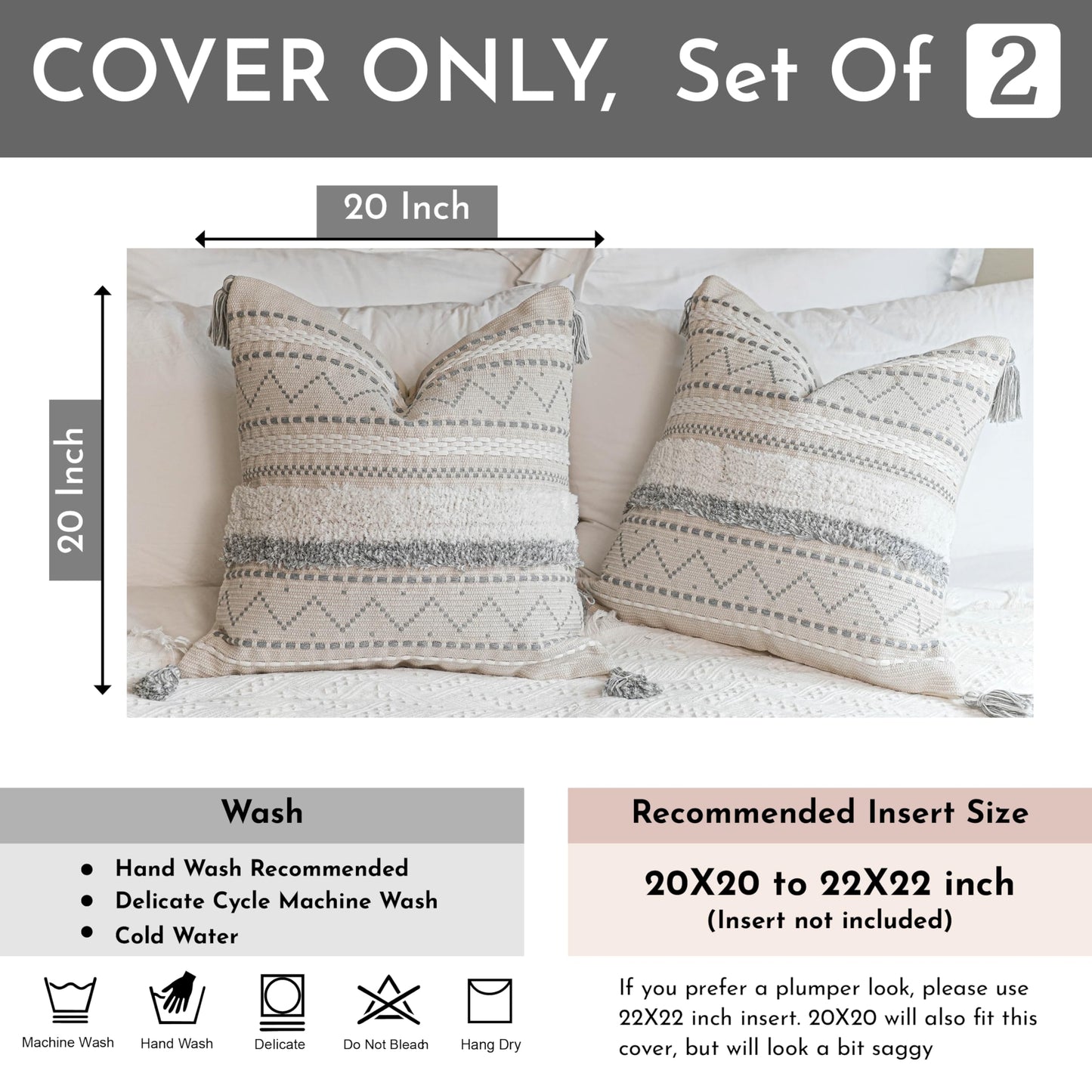 BlissBlush Gray Decorative Throw Pillow Cover 20x20 Combo Set of 2 Square Boho Neutral Grey Accent Pillowcase Tassels Farmhouse Cushion for Couch Sofa Bedroom Living Room Home Décor Cover ONLY