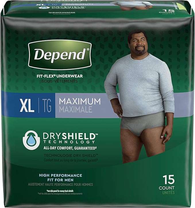 Depend Incontinence Underwear for Men, Extra-Large, 15 Count Pack of 2 | Maximum Absorbency | Disposable | Grey | FIT-Flex