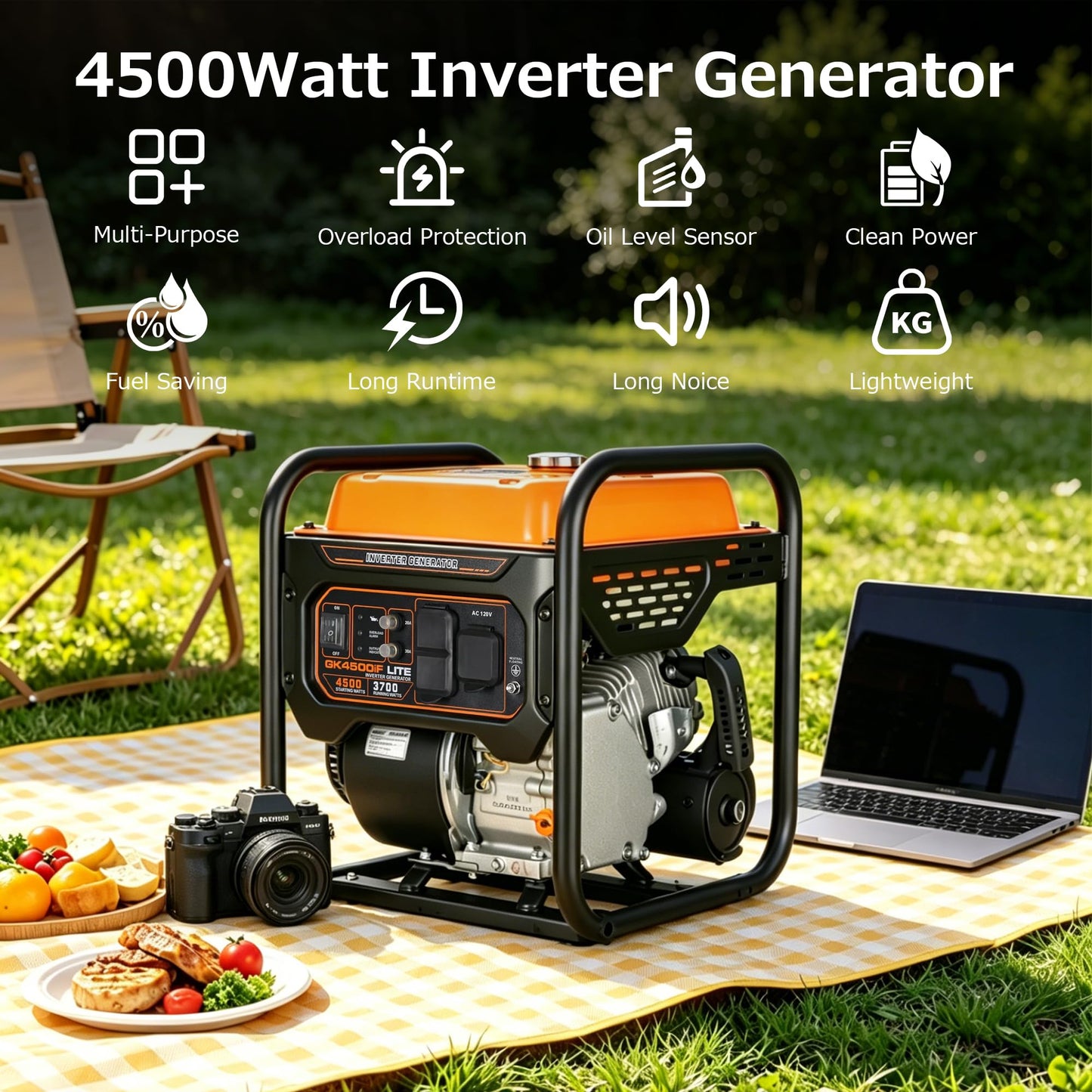 Genkins 4500 Watt Open Frame Inverter Generator 30 Amp Pure Sine Wave Noise Reduced 50% 55lbs EPA complied Gas Powered