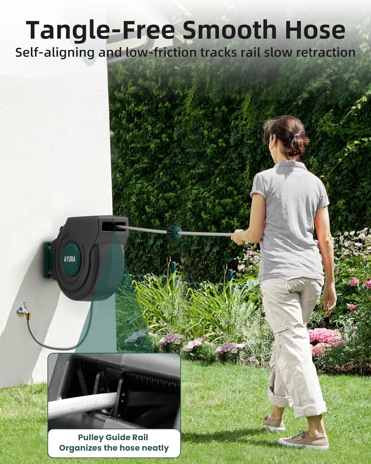 AYURA Retractable Garden Hose Reel 100 ft x 1/2 inch with Pro Metal Shaft, Heavy Duty Automatic Garden Hose Reels with Kink-Free Rewind and Lock at Any Length, Wall Mount Water Hose Reel for Outside