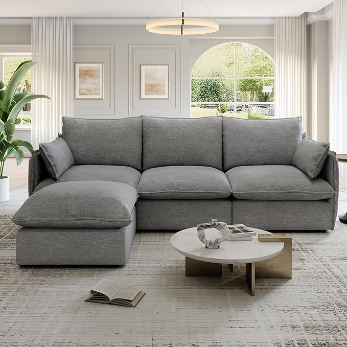 Lopzeho 94.6" Cloud Modular Sectional Sofa, Waterproof Down Filled Sectional Sofas, High Backrest L Shaped 3 Seater Sectional Couches with Ottoman, Modular Couch with Removable Cover, Dark Gray