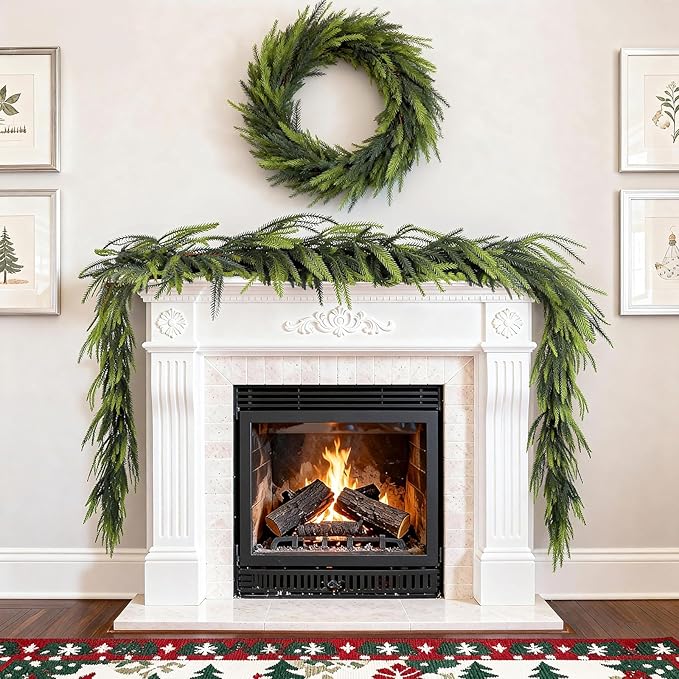 Artificial Norfolk Pine Garlands, 2 Pcs 6 Ft Real Touch Garlands, Winter Green Greenery Christmas Garlands for Mantle, Table, Wall, Outdoor, Indoor Christmas Decorations (6 FT, 2)