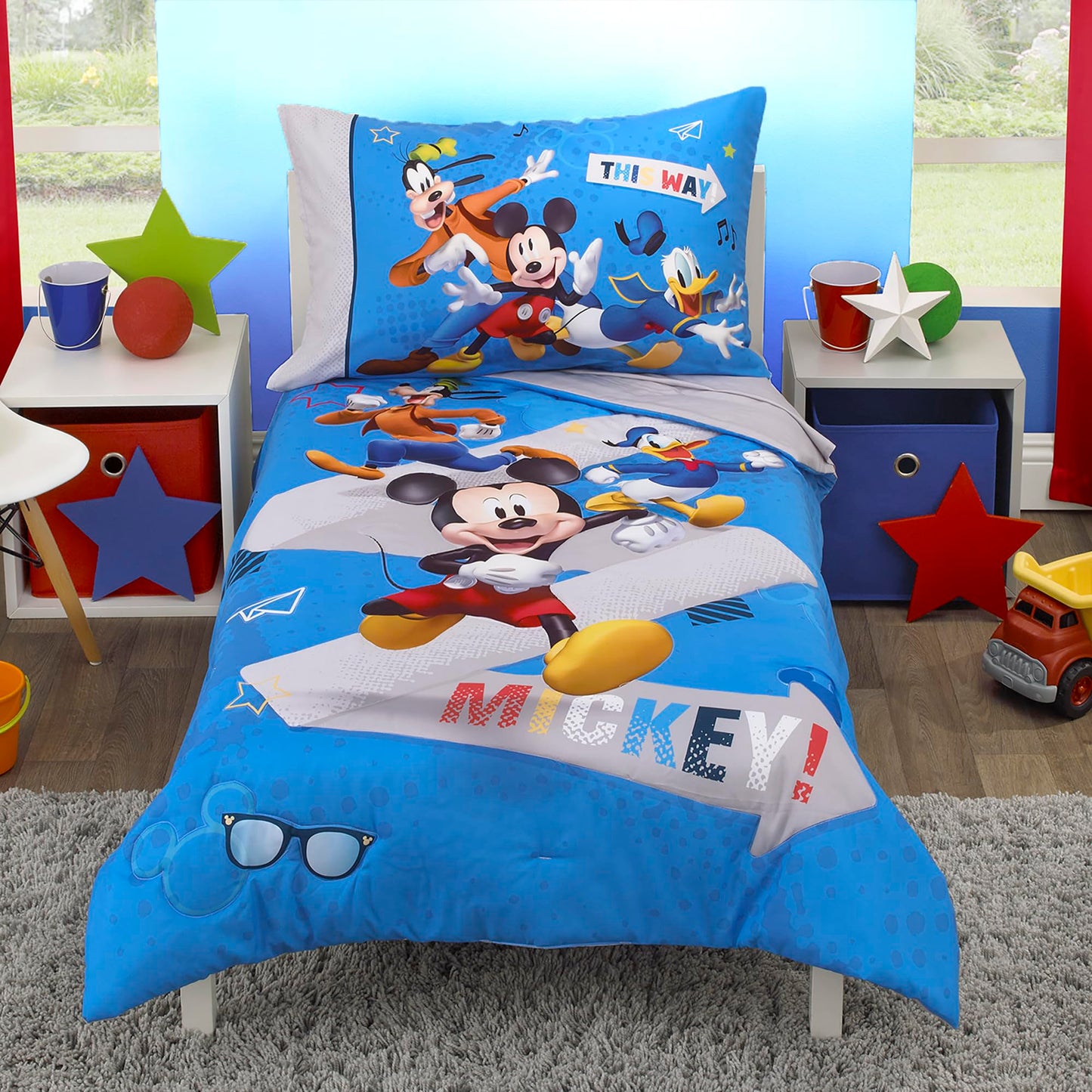 Disney Mickey Mouse Toddler Bed Set | 4 Piece Bedding Set | Fitted Sheet, Pillow Case, Top Sheet, and Comforter Quilt - Blue