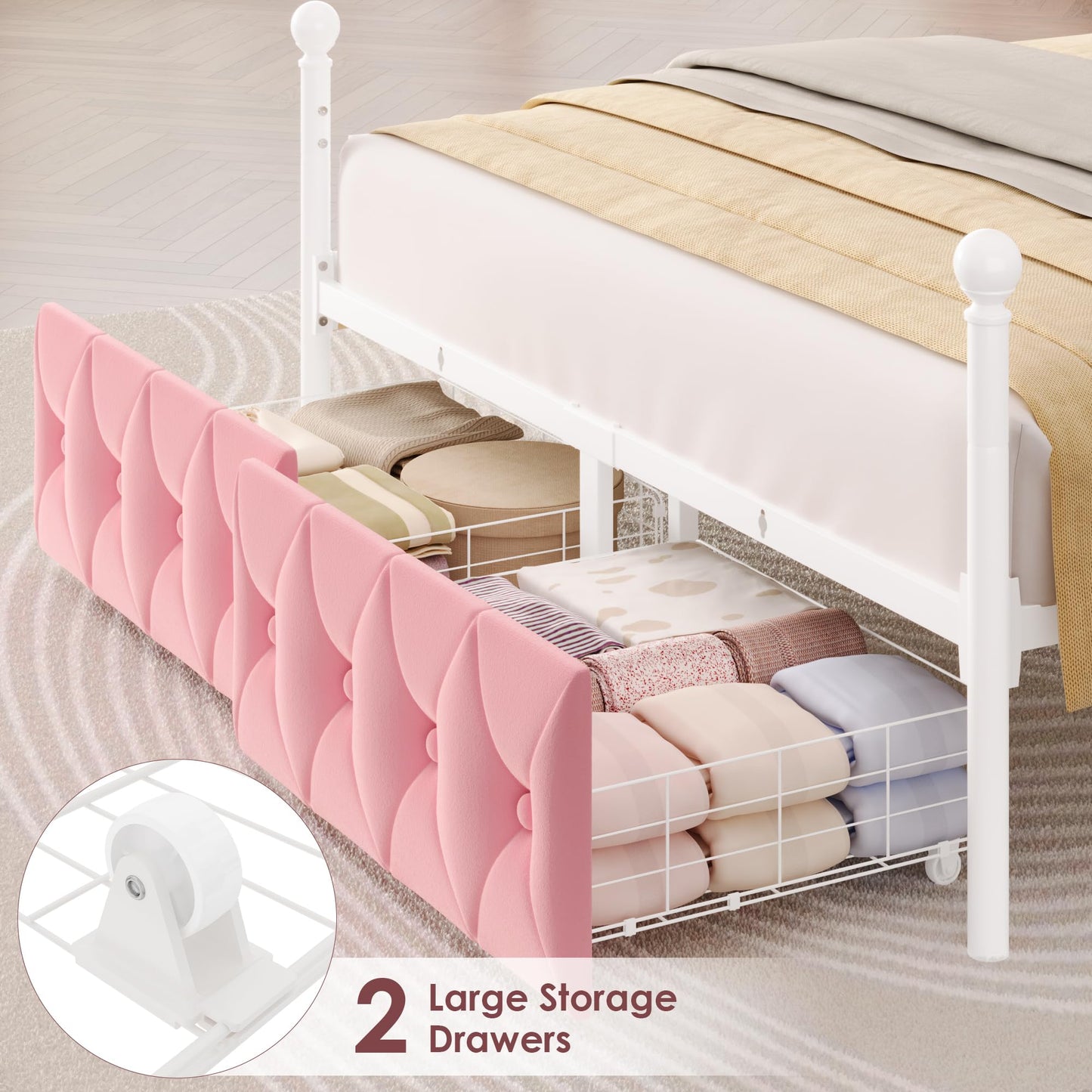 Keyluv Queen Upholstered Canopy Bed Frame with 2 Storage Drawers & Button Tufted Headboard, Metal Platform Bed with 4 Removable Posts, Two-Purpose Velvet Bed, Pink/Curtain Not Included