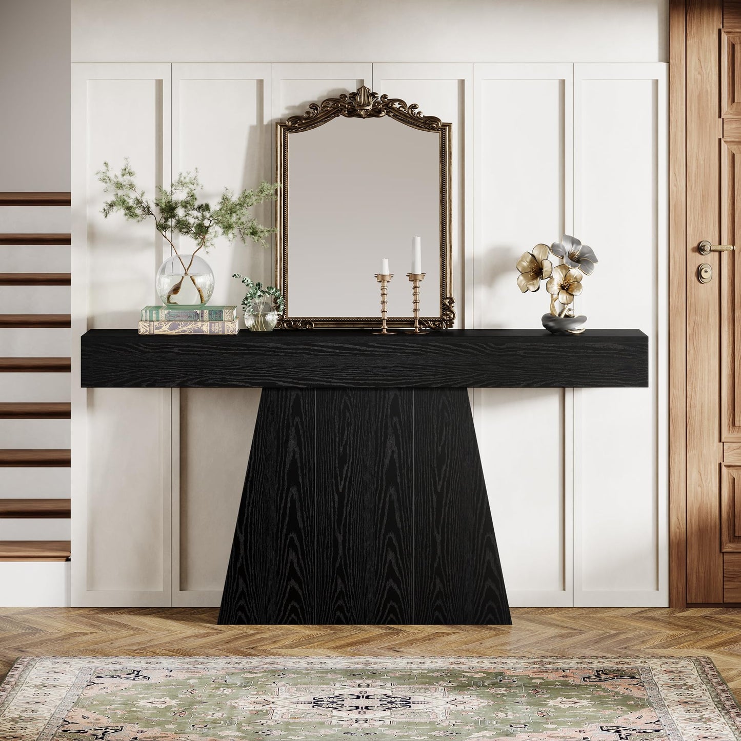 Tribesigns 63" Black Console Table, Farmhouse Entryway Table with Trapezoidal Base, Narrow Long Sofa Table Behind Couch Table for Entrance, Hallway, Living Room, Black