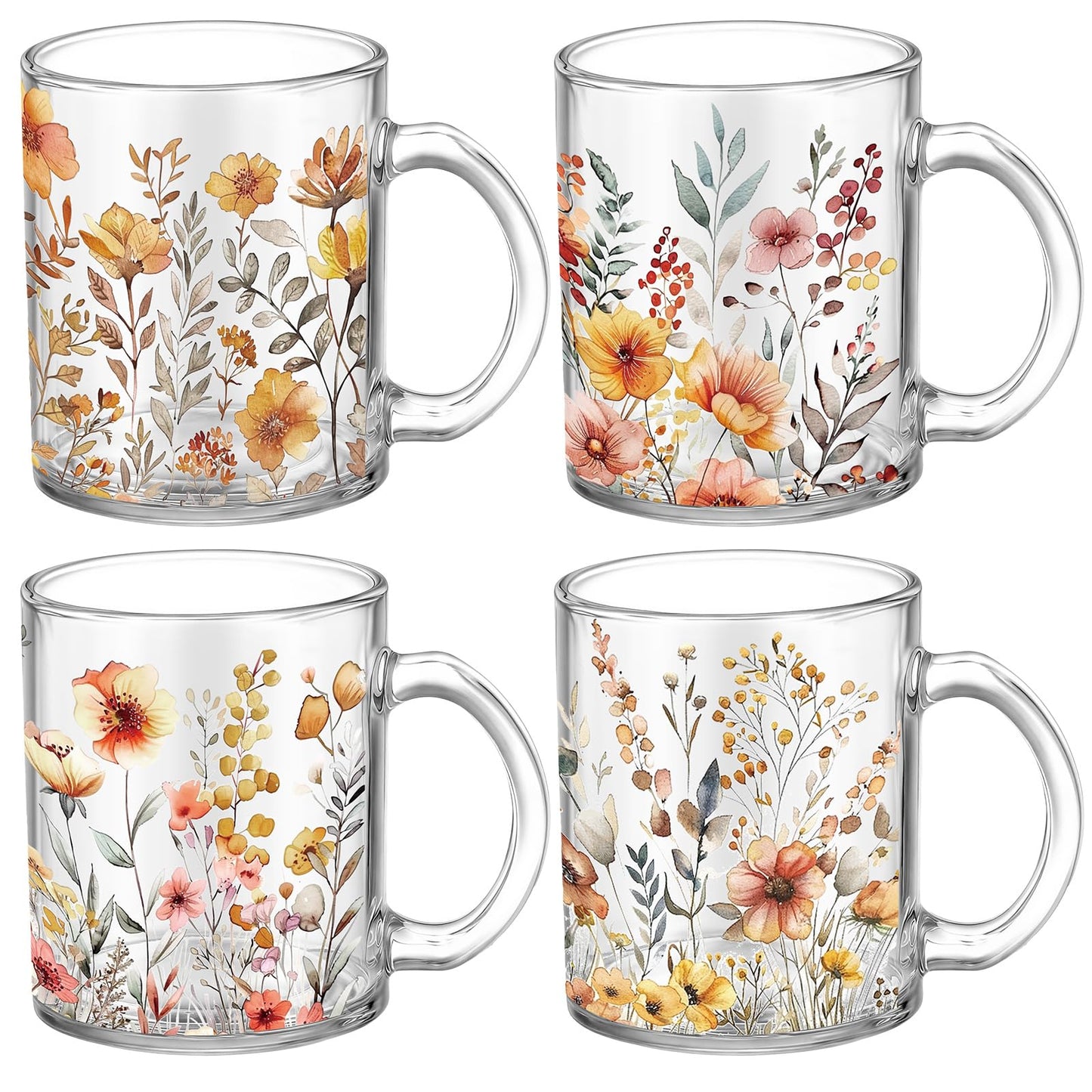 Tioncy 4 Pcs Fall Floral Coffee Mugs 12 oz Flower Glass Cups with Handle Thanksgiving Floral Coffee Cup Autumn Mug Sweet Fall Gifts Drinking Containers for Harvest Holiday Party (Wildflower)
