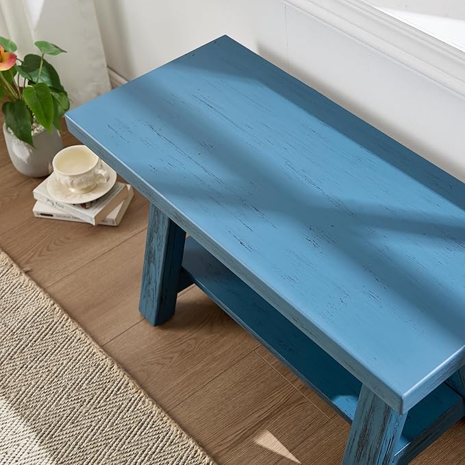Janoray 30" Entryway Bench with Storage Farmhouse Narrow Dining Bench Shoe Rack Small Wooden Benches Holds up to 300lbs for Hallway Living Room Dining Room Bedroom，2 Tiers, Blue