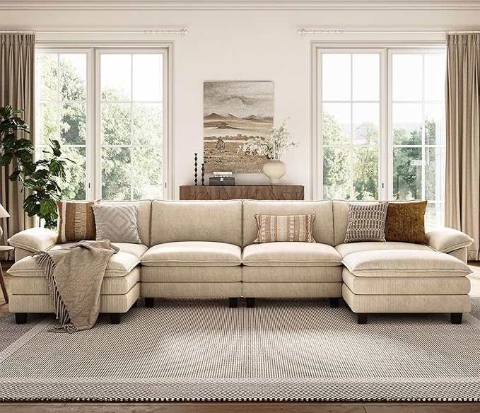 LINSY HOME 157'' Modular Sectional Sofa Beige Couch Corduroy Cloud Couches for Living Room, U Shaped Couch with Movable Ottoman, Modern Cloud Sectional Sofas for Bedroom and Apartment, Beige