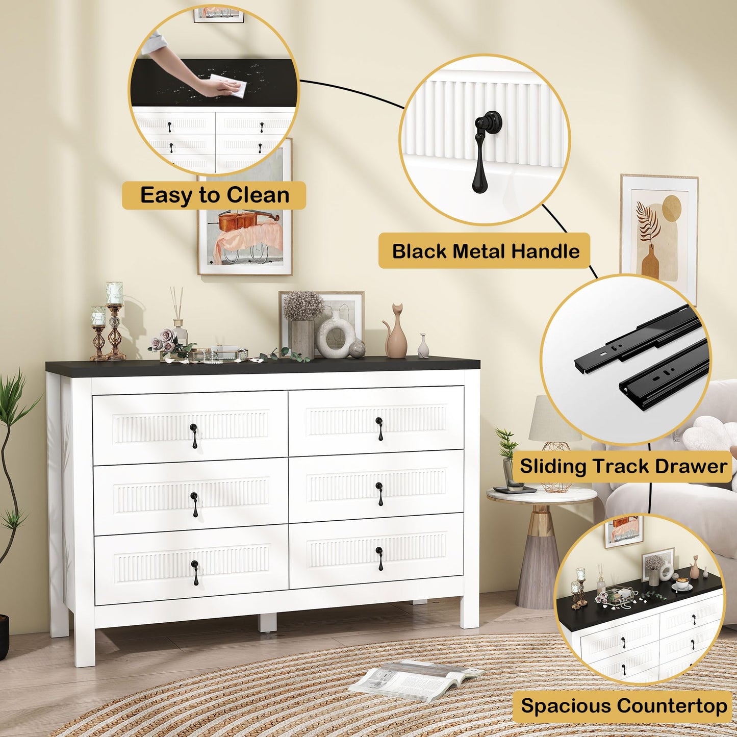 LABROSKIA White Dresser for Bedroom Deep Drawers: 47" Wood Bedroom Dressers with 6 Drawers, Modern Chest of Drawer with Handles, Adult Dresser for Fluted Drawer (White)
