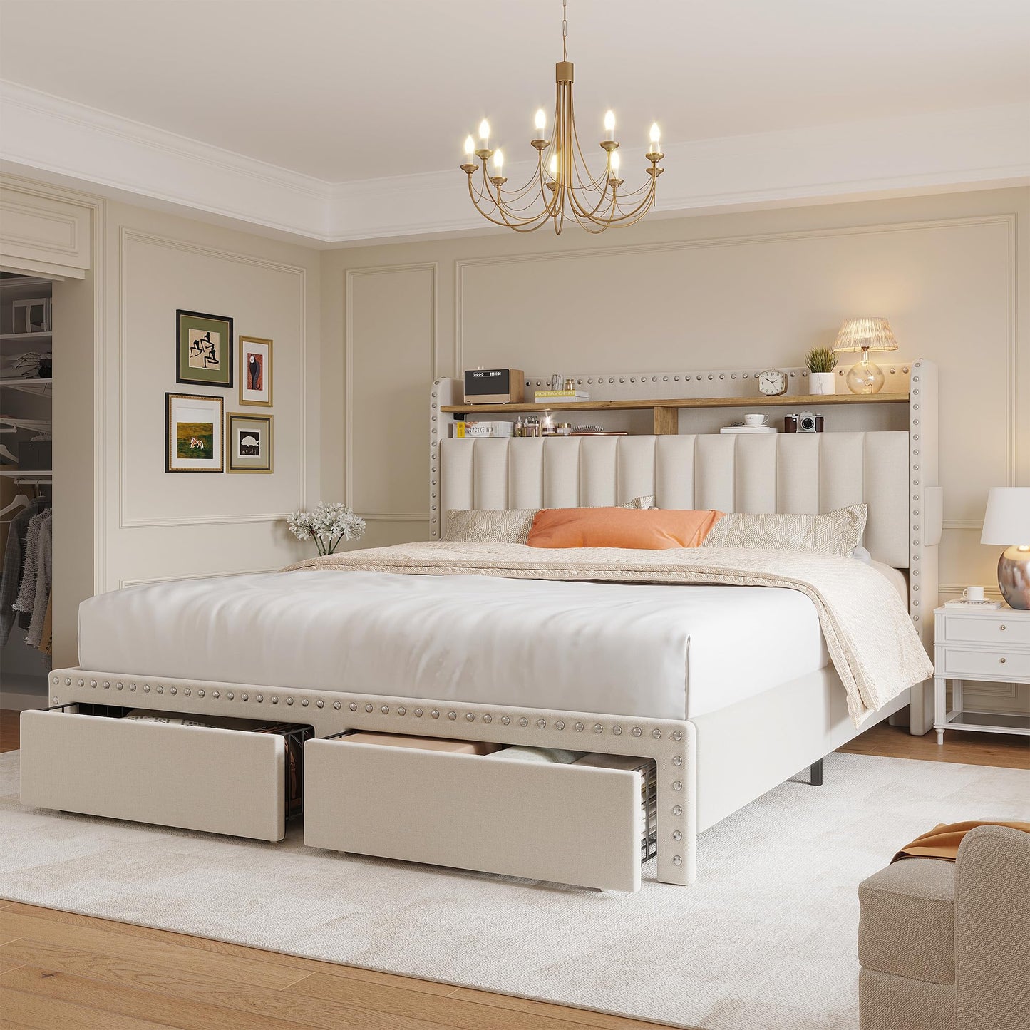 EnHomee Full Size Bed Frame with 2-Tier Storage Headboard, Upholstered Platform Bed Frame with 2 Storage Drawers, Sturdy Wooden Slats Support, Noise-Free, No Box Spring Needed, Beige