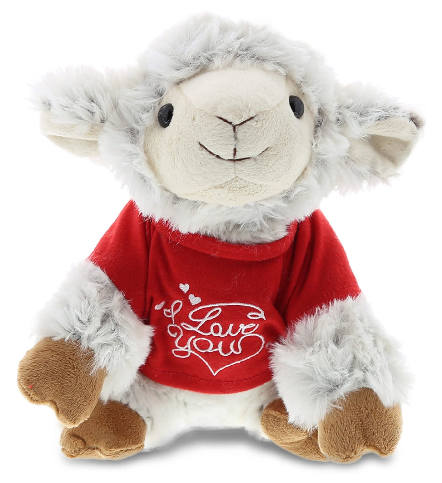 DolliBu I Love You Valentine Plush Squat Sheep - Cute Stuffed Animal with Red Shirt and Name Personalization Gift for Valentines Day, Birthday, Anniversary, Romantic Date - 8 Inches