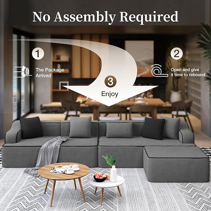 SUNSHINE VALLEY L Shaped Boneless Modular Cloud Couch, 133.5'' Oversized Corduroy Sectional Sofa for Living Room, 5-Seat Upholstered Modern Couch with Deep Seat, No Assembly Required, Grey