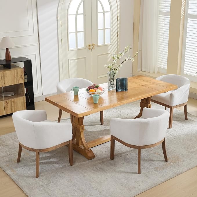 Shenyon Mid Century Modern Dining Chairs Set of 6, Upholstered Linen Fabric Dining Room Chairs with Arms and Solid Wood Legs, Comfy Barrel Accent Chairs for Dining Room, Living Room, or Cafe,Beige