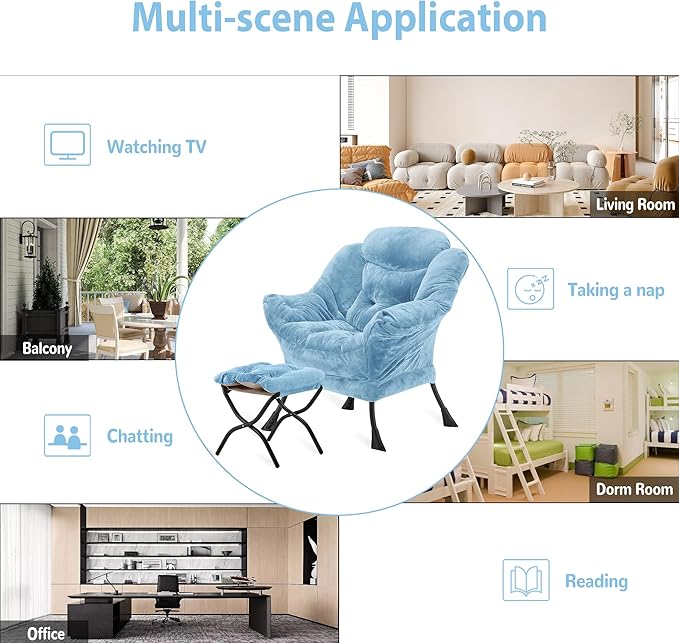 Youtanic Lazy Chair with Folding Ottoman, Accent Chair Plush Upholstered with Metal Structure and Non-Slip Pads, Sofa Armchair with Footrest and Side Storage Bag for Dorm, Room, Office, Blue