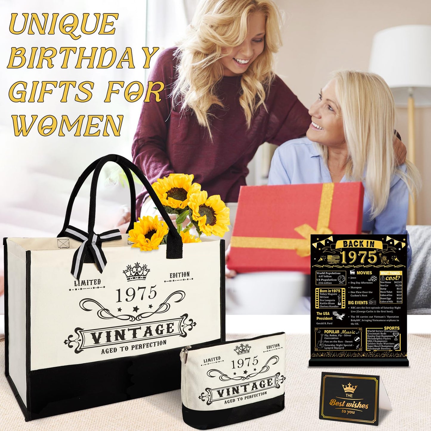 50th Birthday Gifts for Women Canvas Tote Bag Travel Gear, Unique 50 Years Old Gifts for Wife Sister Mom Aunt Friends Her, Vintage 1975 Handbag & Cosmetic Bag & Back in 1975 Poster