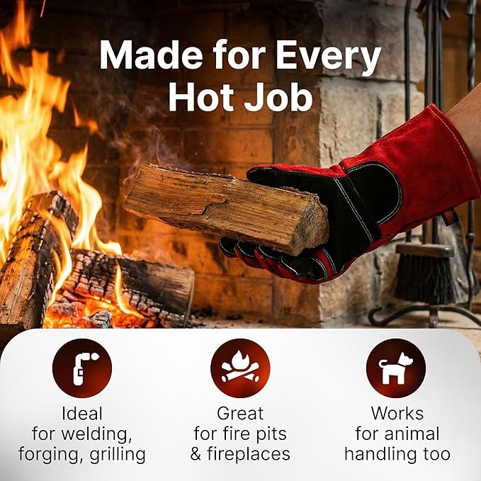 Welding Gloves for Men and Women - 16" Leather 932°F Heat and Fire Resistant Forge MIG TIG Stick Welder Gloves - Also Used for Oven, Grill, BBQ, Furnace, Stove, Fireplace, Animal Handling - Red
