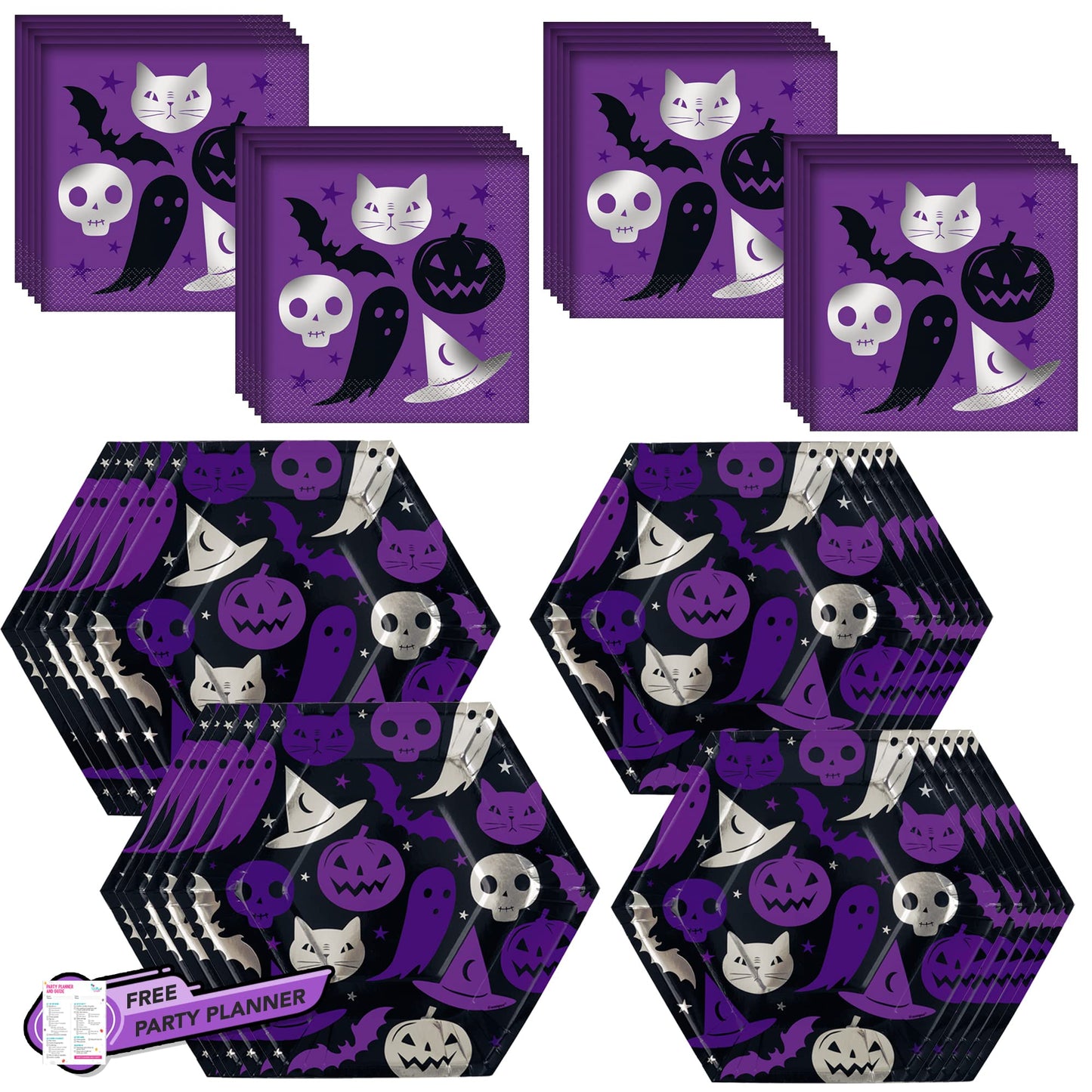 Unique Halloween Purple Spellbound Disposable Dinnerware Bundle for 8 - Dinner & Dessert Plates, 20 Luncheon Napkins - Black Silver Paper Decorations