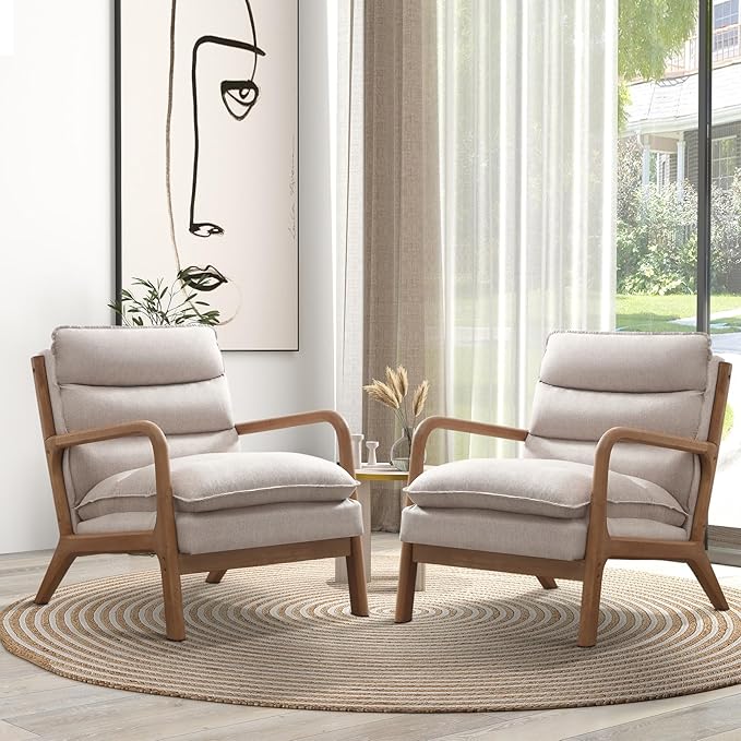IOMOR Mid Century Modern Accent Chair, Upholstered Lounge Armchair with Plump Back Pillow, Comfy Reading Chair with Solid Wood Frame for Bedroom Living Room Set of 2, Beige