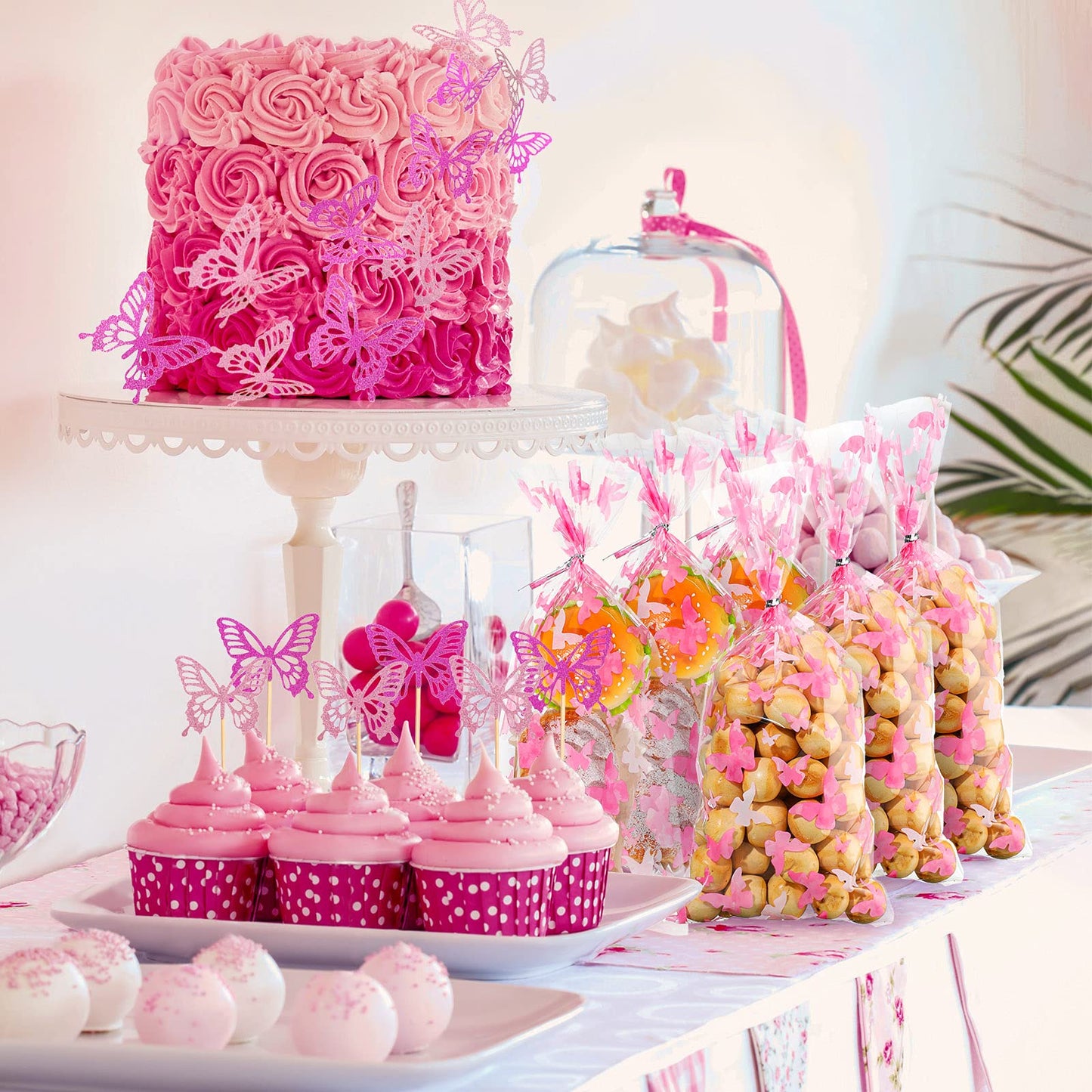 Zonon 100 Pieces Butterflies Cellophane Goody Bags Plastic Candy Treat Bags with 100 Pieces Silver Twist Ties for Butterfly Theme Baby Shower Birthday Party Dessert Decors(Pink)