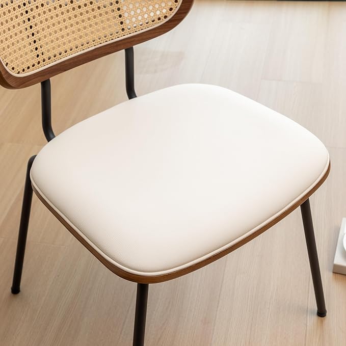 HOCEWI Rattan Dining Chairs Set of 2, Mid Century Modern Dining Chairs with Cane Back for Kitchen Dining Room, 19 Inch Faux Leather Beige