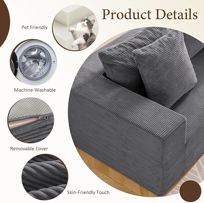 INGEROOM 108" Modular Cloud Sectional Couch with Deep Seat, Boneless Sofa with Movable Ottoman, Plush Corduroy Memory Foam Couch for Living Room, No Assembly, Dark Gray