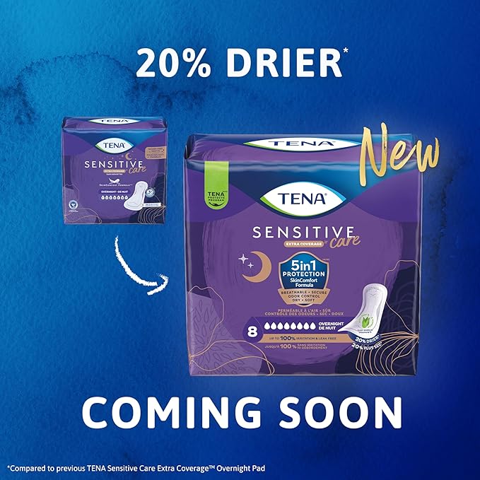 TENA Sensitive Care Incontinence Pads, Bladder Control, Postpartum for Women, Overnight Absorbency, Extra Coverage, 135 Count