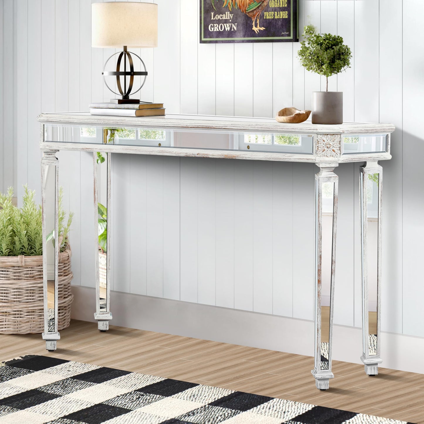 SSLine Mirror Console Table for Living Room 55" Modern Mirrored Entryway Table with Retro Wooden Carved Edge Luxury Glass Foyer Tables for Entryway Hallway
