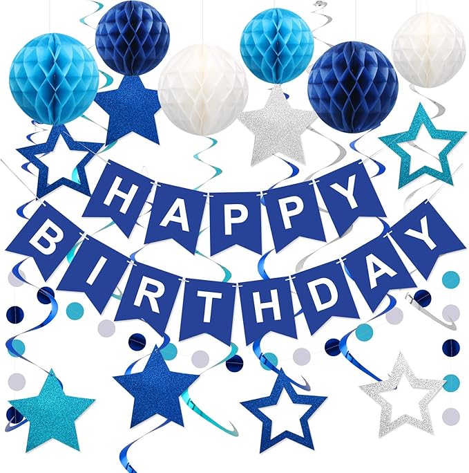meowtastic Birthday Decorations, Happy Birthday Banner with Honeycomb Balls, Stars Hanging Swirl Streamers, Circle Dots Ga...