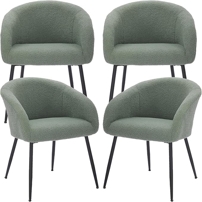 YDcosyfy Modern Small Accent Chair Set of 4, Comfy Sherpa Makeup Vanity Chair with Metal Legs, Decorative Dining Chair no Wheels for Living Room, Dressing Room, Bedroom, Green