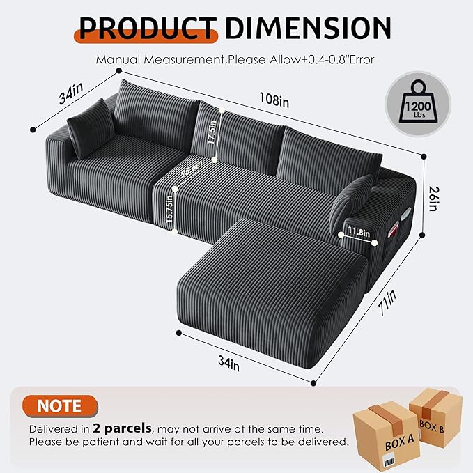 Domiqut 108" Cloud Couch Modular Sectional Sofa for Living Room,L-Shaped Boneless Couch with Deep Seat Chaise,No Assembly Required Foam Sleeper Sofa for Apartments,Plush Corduroy Fabric, Dark Gray