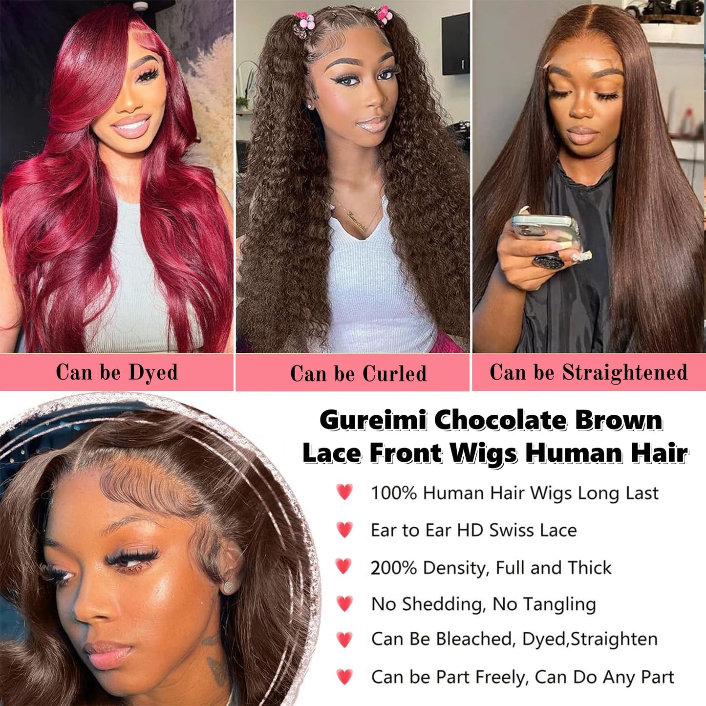 Gureimi 18 Inch 13x6 Chocolate Brown Lace Front Wig Body Wave Lace Front Wigs Human Hair HD Lace Front Wigs 200 Density Pre Pluc