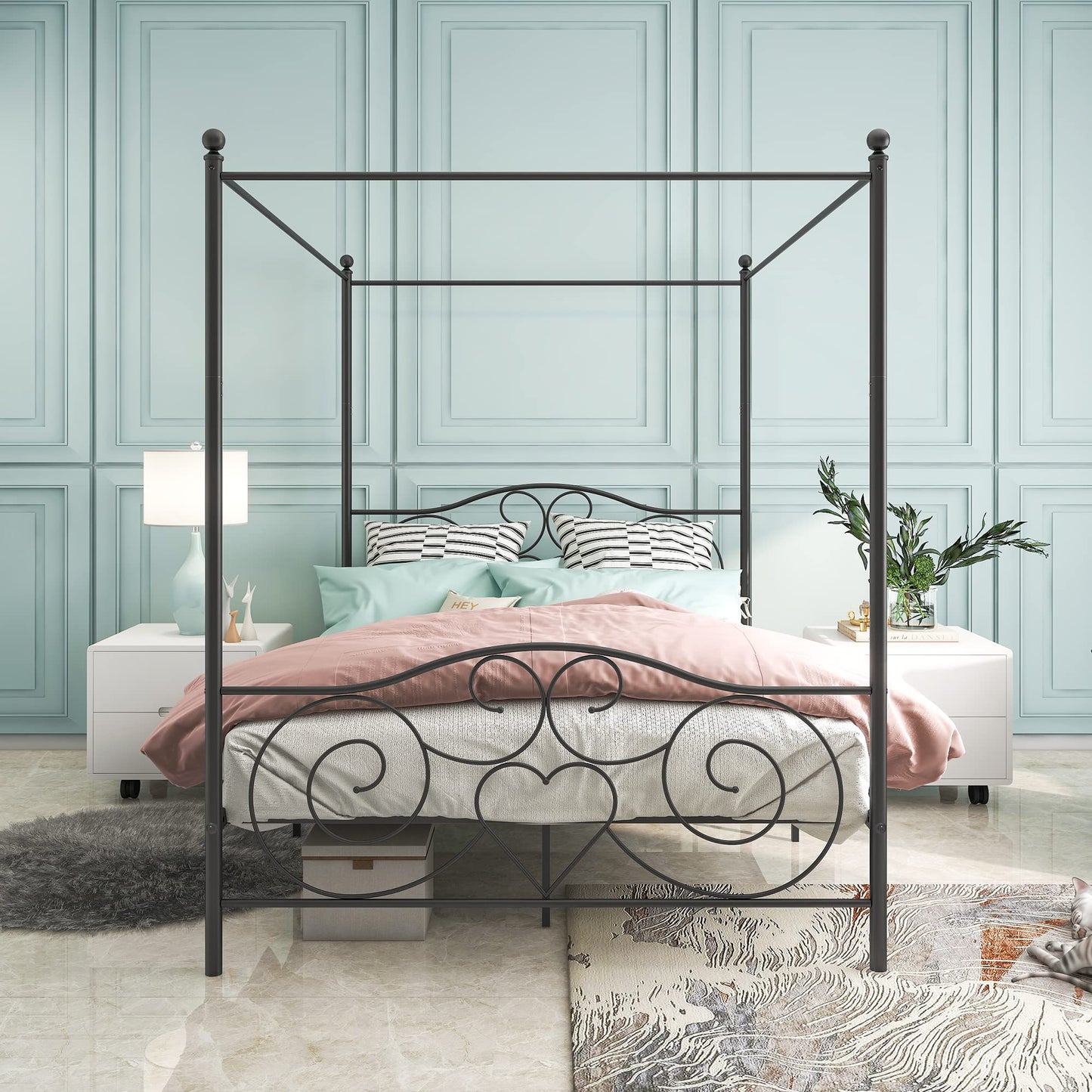 LUMISOL Queen Canopy Bed Frame, Metal Canopy Bed Frame wit Headboard & Footboard, Easy Assembly, Noise Free, Black