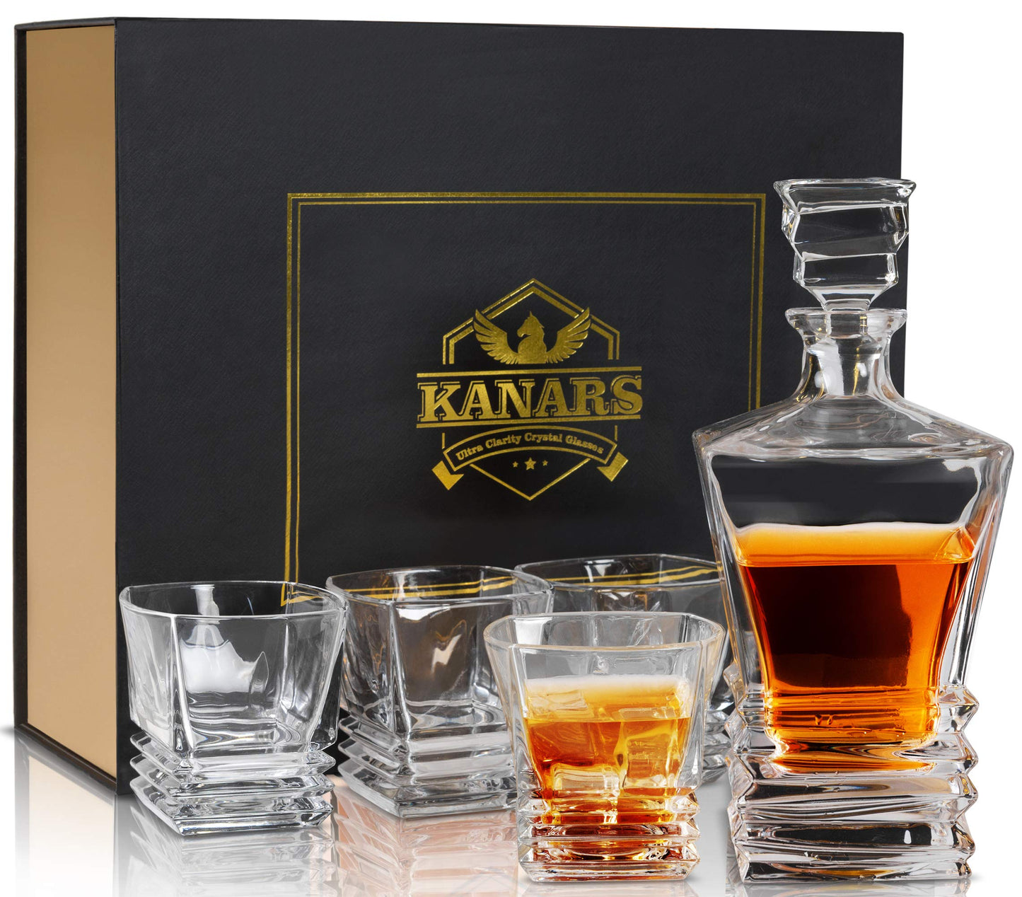 KANARS Whiskey Decanter Set - Crafted Crystal Decanter With 4 Lowball Glasses for Scotch, Bourbon or Liquor - Men Dad Gift for Birthday, Retirement, Christmas Thanksgiving, Wedding and Housewarming