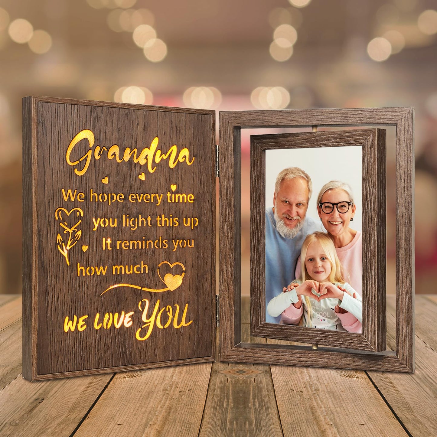 EYITUPC Grandma Picture Frame with Light Up Message – Rotating Double Sided 4x6 Photo Frame – Rustic Brown Gifts for Grandma from Grandkids – Mother's Day Birthday Christmas Gift for Grandma