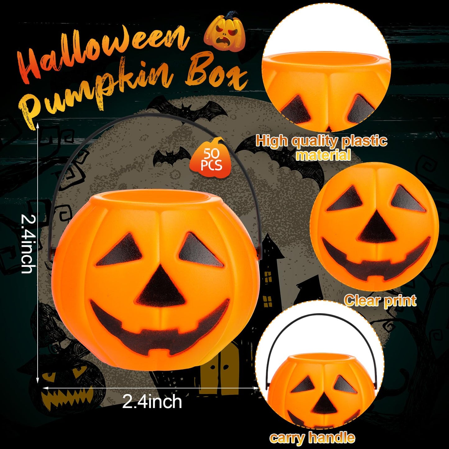Lallisa 50 Halloween Mini Pumpkin Bucket Plastic Pumpkin Candy Container Halloween Party Favor Decoration Trick or Treat Buckets for Holiday Party Supplies(Orange)