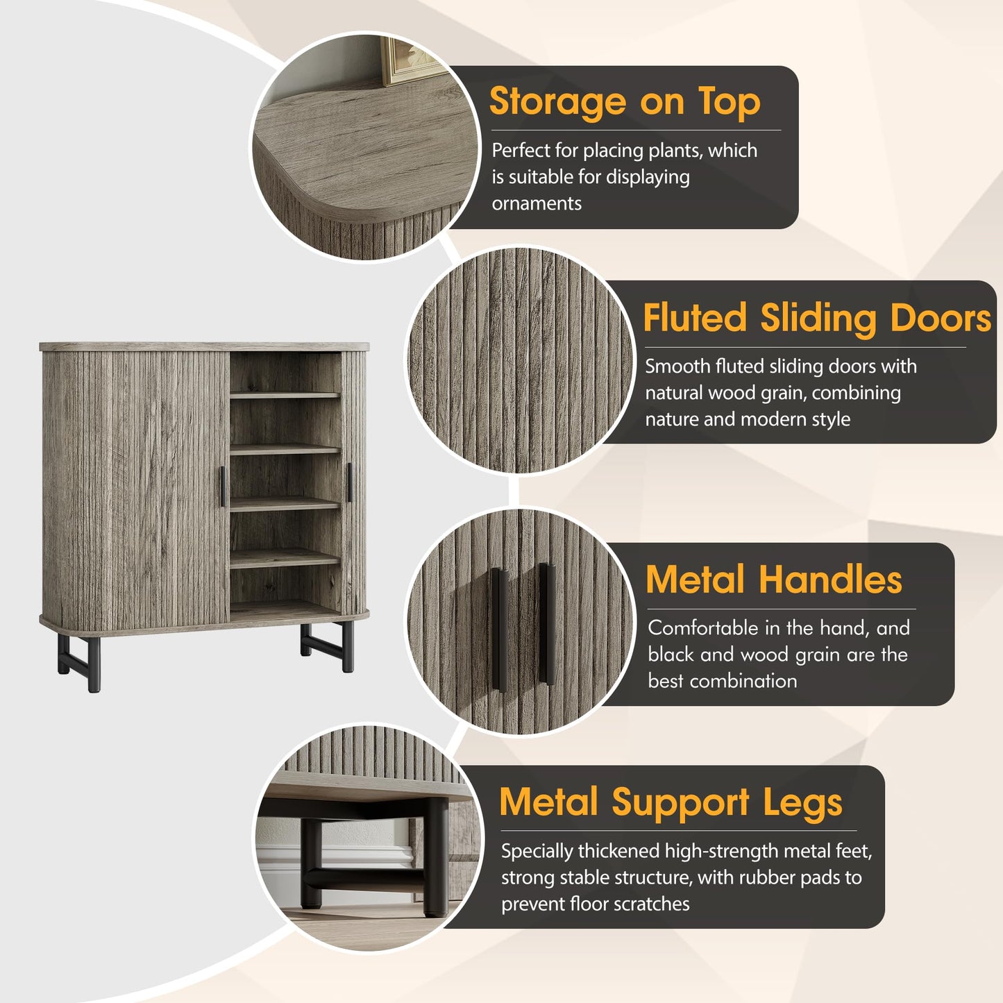 Maupvit Shoe Storage Cabinet with Smooth Fluted Sliding Doors, 5-Tier Shoe Cabinet Storage for Entryway, Narrow Hidden Shoe Rack for Front Door Entrance, Metal Handles and Legs, Grey