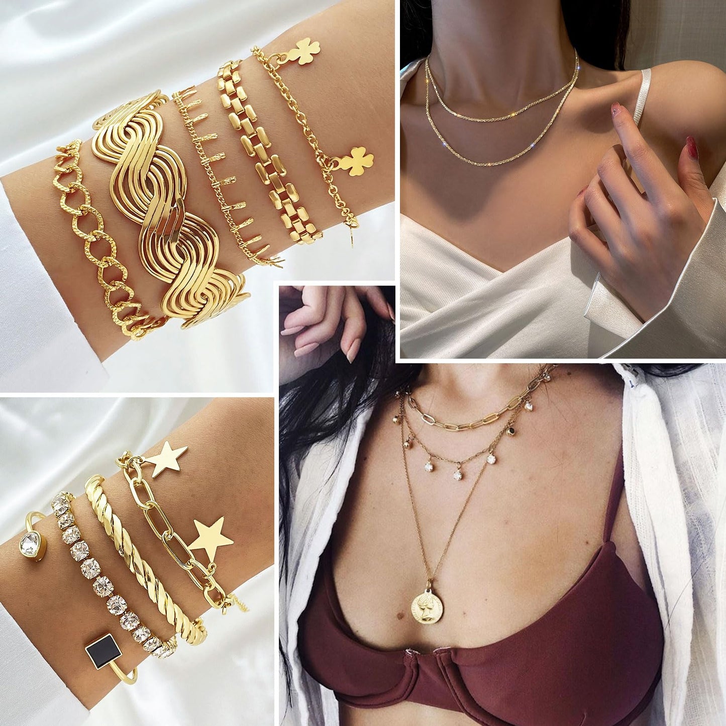 59 Pcs(8 Pack) Gold Plated Jewelry Set For Women With 8 Necklace 12 Bracelet 27 Ring 12 Pair Earring Hoop Simple Sparkle For Happy