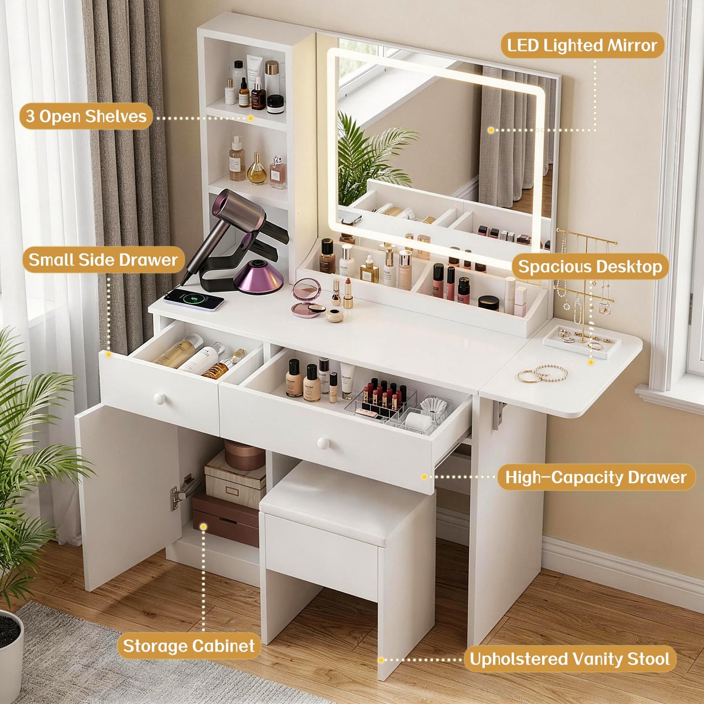 FUXA Vanity Desk with LED Lights Mirror and Charging Station, Makeup Vanity Table with Storage Drawers, Cabinet and Chair, Dressing Table Set for Bedroom, White
