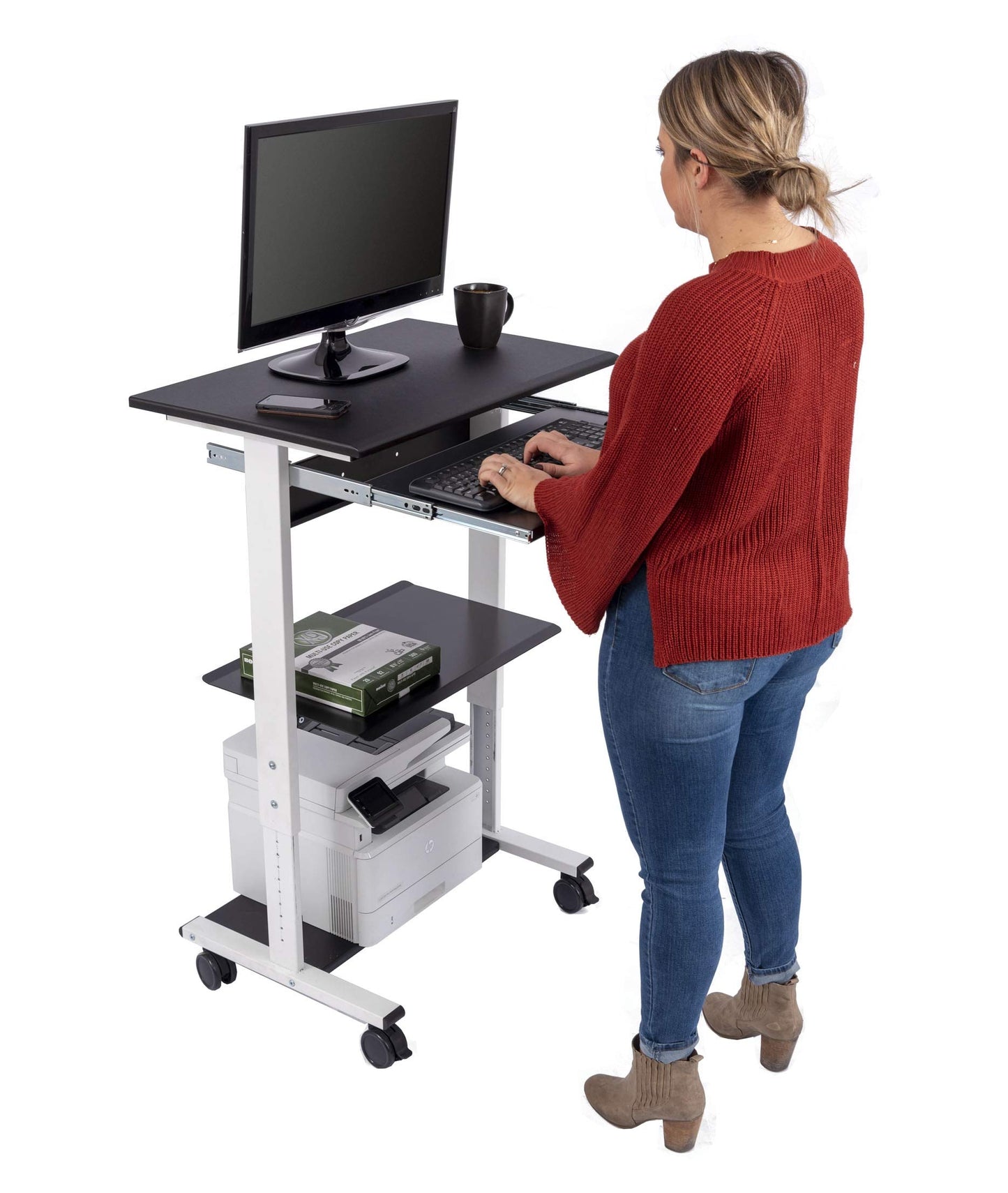 Stand Up Desk Store Mobile Rolling Adjustable Height Standing Workstation with Printer Shelf and Slideout Keyboard Tray (White Frame/Black Top, 30" Wide)