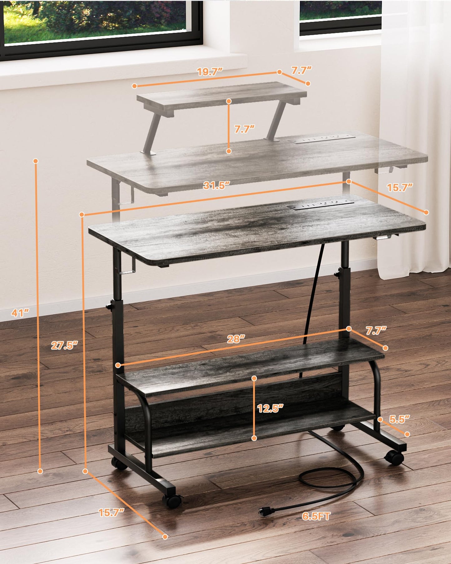 Height Adjustable Standing Desk with Power Outlets and LED Lights - 32" Manual Stand Up Desk with Monitor Stand and Storage Shelves Small Mobile Rolling Computer Desk Portable Laptop Table, Grey Oak
