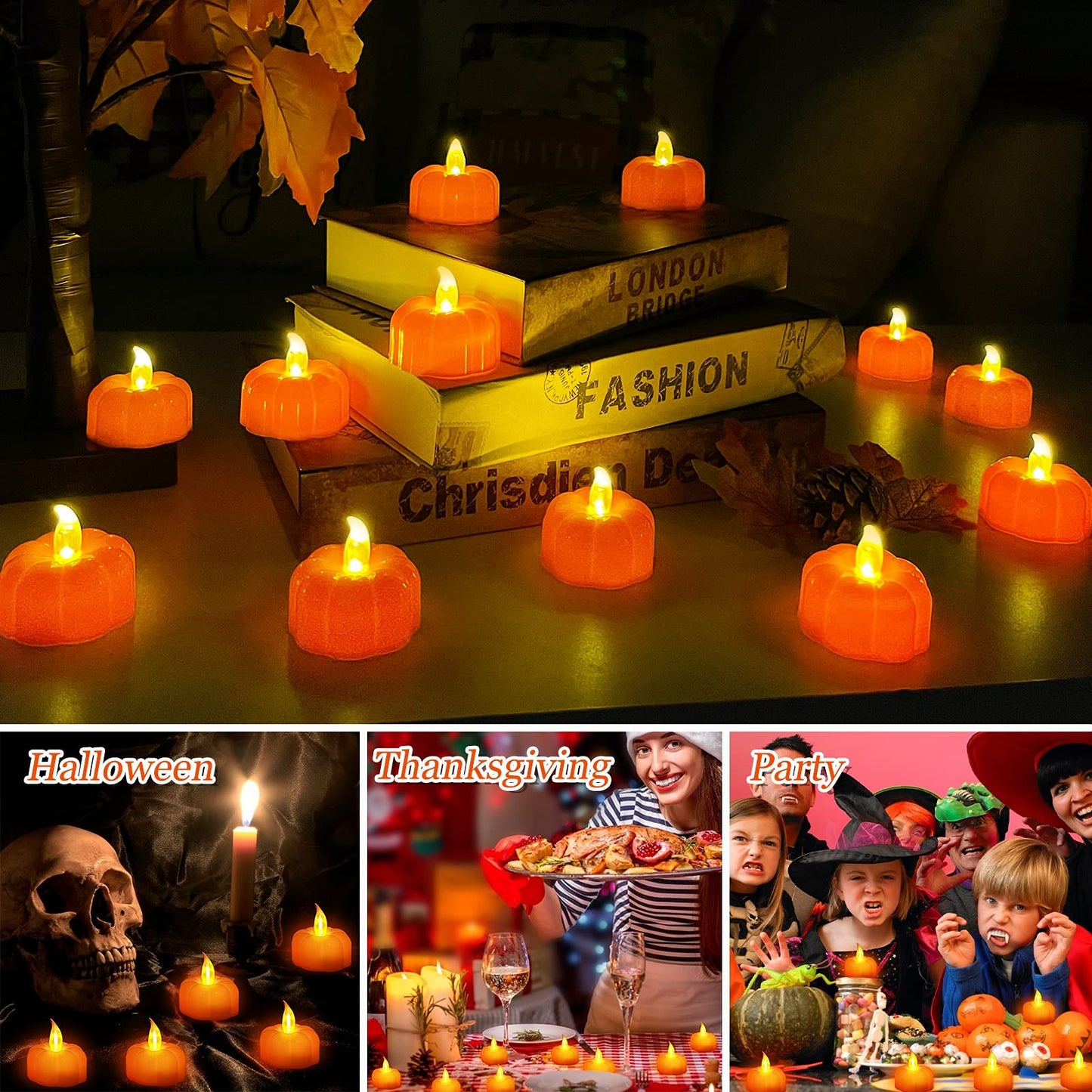 TURNMEON 12 Pack Pumpkin Tea Lights Fall Decorations, LED Orange Pumpkin Lights Flame Less Candles Battery Operated Halloween Pumpkins Flickering Candles for Thanksgiving Table Decor Home Indoor Party