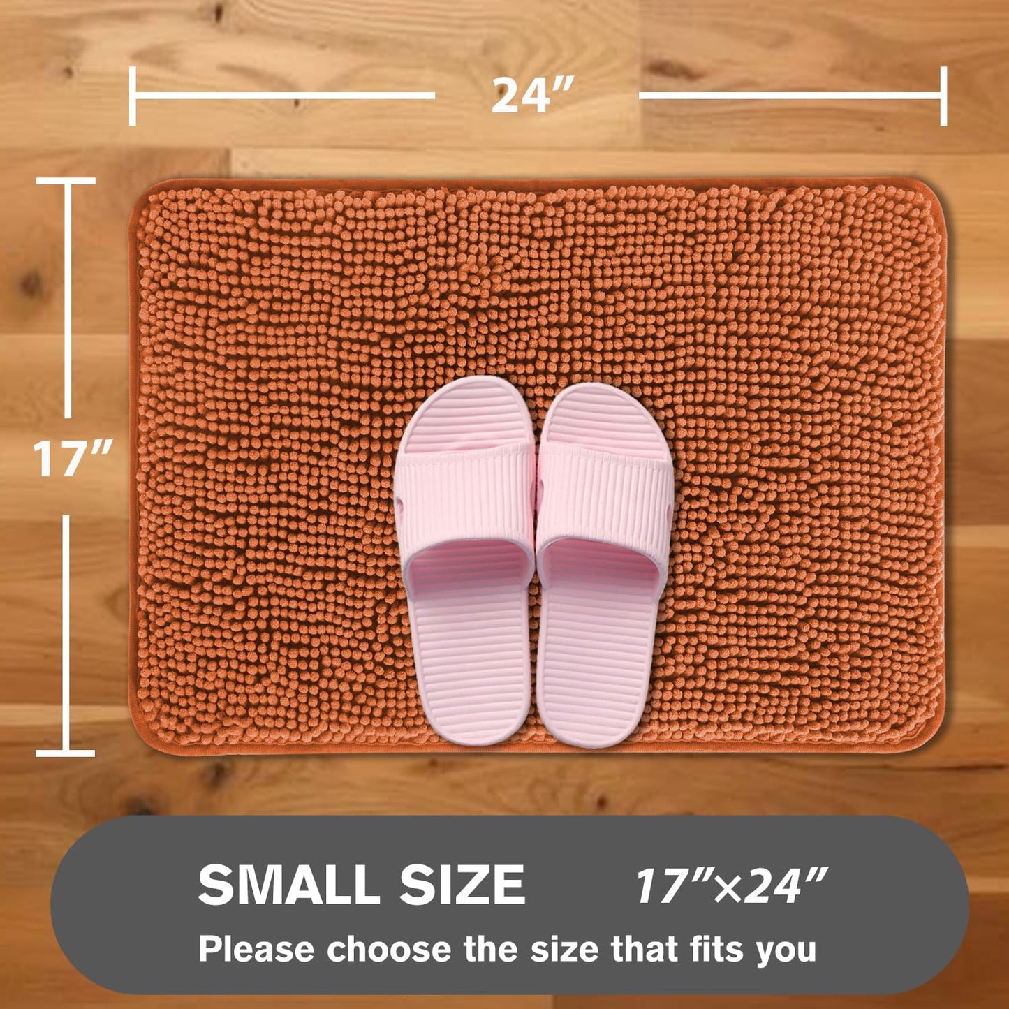 PureSwan Burnt Orange Bathroom Rugs – Absorbent and Washable Bath Mat, Non-Slip, Thick Soft Chenille Bath Rugs for Bathroom Floor, Shower, Sink - 17" x 24"